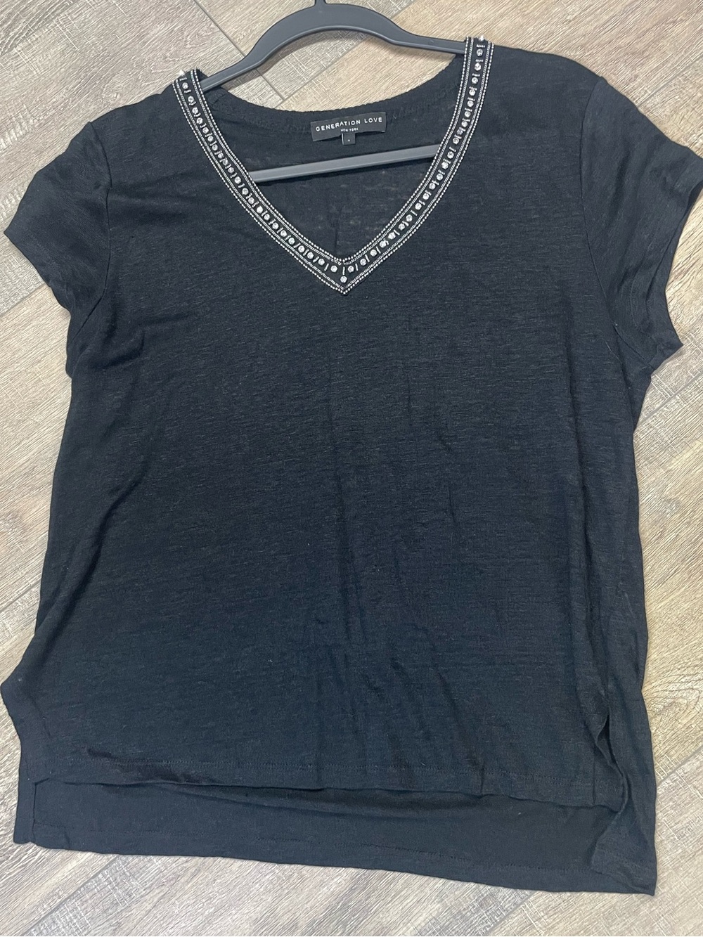 Generation Love Black 100% Linen V-Neck Short Sleeve Top Beaded Rhinestone Trim